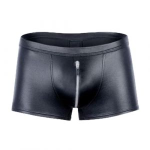 Oanviso Short en Cuir Ouvert Sexy pour Homme PU Cuir Shorts avec Fermeture Éclair Boxershorts Taille Basse Pantalon en Cuir Ajusté Adultes Cuir Verni sous-Vêtements à Noir A Noir L (Shopping tide, neuf)