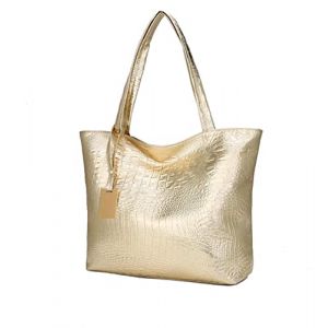 ANNI RIEL Sac fourre-tout grande capacit&eacute; pour femme avec fermeture &eacute;clair Motif crocodile Sac &agrave; main en cuir brillant Sac &agrave; bandouli&egrave;re, dor&eacute;, extra large (ANNIRIEL, neuf)