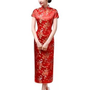 Black Sugar Robe Qipao Courte et Long à Petites Manches et Motif Dragon Brocart Cheongsam Tunique (FR/ES, Alpha/Lettres, 3TG, Taille Normale, Taille Petite, Long Rouge) (BLACK SUGAR PARIS, neuf)
