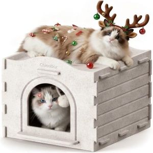 ChienBox Maison pour Chat Interieur en Feutre: Niche pour Chat au Design Puzzle, Chaud et Confortable, Boule Suspendue, Facile &agrave; Installer, Cachette Chats avec Boule Suspendue, Cabane Gris Clair (Henwayus, neuf)