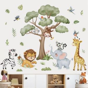 wondever Stickers Muraux Animaux For&ecirc;t Arbre Autocollants Muraux Mural Stickers Animaux de la Jungle &Eacute;l&eacute;phant Girafe Lion pour Chambre Enfants B&eacute;b&eacute; P&eacute;pini&egrave;re Salon (Wondever EU, neuf)