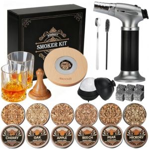 Kit pour Fumeur de Whisky avec Torche &ndash; Copeaux de Bois 6 Saveurs, 2 Verres, 6 Pierres Whisky, Kit pour Fumeur de Cocktails, Kit pour Fumeur de Boisson, Cadeaux D'anniversaire pour Homme (Sans Butane) (Asovnis, neuf)