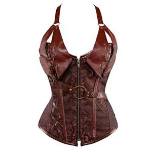 Corset Bustier Steampunk Femme Sexy Cuir Zip Gothique Halter Gu&ecirc;pi&egrave;re Minceur Vest Grande Taille Pirate Top Marron 2XL (Josamogre Corset, neuf)