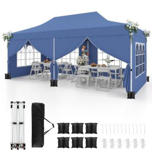 GOPLUS 3x6M Tonnelle Jardin Pliable, Hauteur Réglable, Entrées Zippées, Fenêtres, Sac de Transport, Sac Lesté Pavillon Portable Instantanée Pop-Up pour Fête,Mariage (3x6M-Pliable,Bleu-avec Bâche) (Augenstern24, neuf)