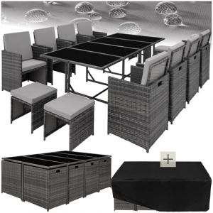 TecTake Salon en Résine Tressée - Ensemble Repas Extérieur avec 8 Chaises Confortables et 4 Tabourets, 1 Table - Mobilier de Jardin pour Balcon ou Terrasse - Gris/Gris Clair (Made4Home SAS, neuf)