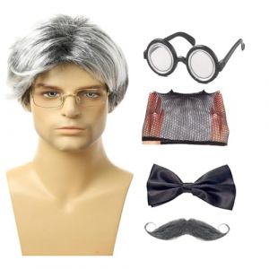 Costume de grand-père, costume de vieil homme, Perruque de vieil homme et accessoires de Cosplay de grand-père, 5 pièces, Ensemble d'accessoires de grand-père, ensemble de costume de vieil homme, (Yuyuxian, neuf)