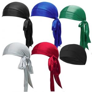 VEGCOO Bonnets Durag Soyeux, Lot de 5 avec Longues Queues et 1 Bonnet Durag, Soie de Qualité Supérieure, Ultra Doux, Élastiques pour Hommes et Femmes (HappyChaoUK, neuf)