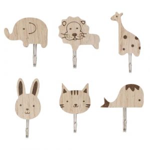 KEQAR 6 Crochets Muraux Animaux Adhésifs en Bois, Élégants et Pratiques, Éléphant, Baleine, Chat, Lion, Lapin, Girafe, Porte-Manteau Enfant pour Chambre, Salle de Bain, Cuisine (APENGPENG, neuf)