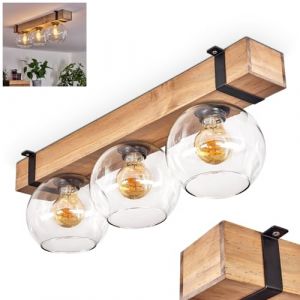 Plafonnier Montgomery, plafonnier en métal/bois/verre noir/naturel/clair, luminaire au design scandinave avec poutre en bois (60 cm) et boules en verre (Ø 15 cm), 3 x E27, sans ampoules (hofstein, neuf)