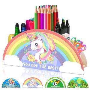 AUNGKWANG Licorne Porte Crayon Color&eacute; pour Enfants, Organiseur de Bureau, Multifonctionnel Bo&icirc;te de Rangement en Bois pour Fournitures de Bureau et Organisation de Salle de Classe (Thriving day by day, neuf)