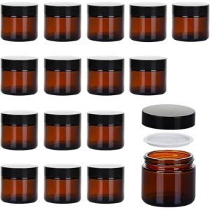 Pot Cosmétique - Petit Pot Verre pour Voyage (Pack de 16, 60ml) - Boîte cosmétique vide avec couvercle et cuillères en plastique - Contenant Vide Cosmetique en Verre & Protection UV (Rivero products, neuf)