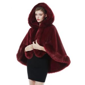 BEAUTELICATE Cape à Capuche Fourrure Poncho Châle Étole Capuchon Manteau Courte de Femme Hiver Mariage Mariée Demoiselle d'honneur Soirée Noël(Taille Unique, Rouge Vineux) (BEAUTELICATE-FR, neuf)