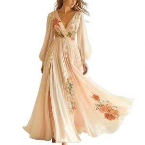 Minetom Femme Robe De Soir&eacute;e Chic Longue Col V &Agrave; Fleur Mousseline Manches Longue Maxi Dress Plage D'&Eacute;t&eacute; Cocktail Mariage Robe De Demoiselle d'honneur C2 Rose S (B.W.S KIT, neuf)