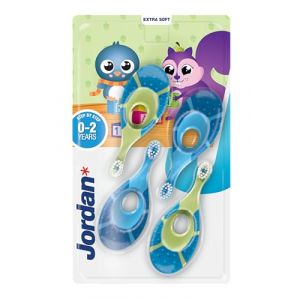 Jordan &reg; | Step 1 | Brosse &agrave; dents pour b&eacute;b&eacute;s de 0 &agrave; 2 ans | La brosse &agrave; dents pour tout-petits avec des poils extra doux et un anneau de morsure doux pour gencives des b&eacute;b&eacute;s | Bleu & Vert | 4 unit&eacute;s (Orkla, neuf)