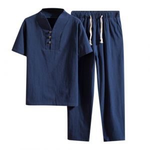 WAZHAKU V&ecirc;tement en coton Zen M&eacute;ditation Tai Chi Uniforme pour homme Ensemble Tang Pantalon &agrave; manches courtes V&ecirc;tements traditionnels chinois Kung Fu V&ecirc;tements respirants Hauts, Marine, L (wealt You, neuf)