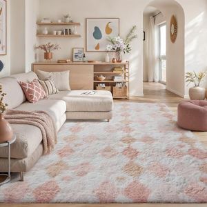HUGEAR Tapis Salon Shaggy Damier Tapis Chambre Adulte Fille Doux Moelleux Descente de lit Antid&eacute;Rapant Moderne Grand Tapis Rose Blanc 240&times;300cm Decoration Chambrel Motif Geometrique (RONGBEN, neuf)