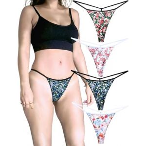 KUKU PANDA Lot de 4 strings en coton pour femme avec dos en T - Sous-vêtements sans couture - Tangas sexy, fleur, X-Small (KUKU PANDA, neuf)