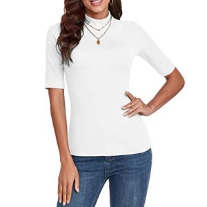 WOWENY Pull &agrave; Manches Courtes pour Femme &eacute;l&eacute;gant T-Shirt &agrave; 1/2 Bras avec Col Montant &eacute;lastique T-Shirt &agrave; Col Roul&eacute; en Coton Tops Basiques Chemise Chemisier, Blanc, M (EU Creative Fashion, neuf)