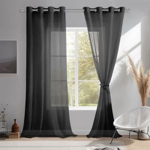 DWCN Lot de 2 Rideaux Voilages à Oeillets pour Fenêtre, Rideau Transparents avec Embrasses pour Salon Chambre d'enfant, Noir, 140x260cm (Largeur x Hauteur) (DWCN EU, neuf)