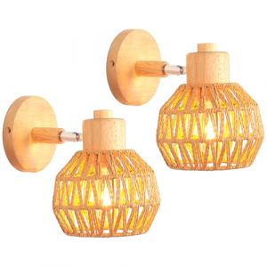 iDEGU Lot de 2 Applique Murale R&eacute;tro, 15CM Vintage Lampe Murale Interieur en Rotin Bois R&eacute;glable Luminaire Abat-jour en Forme Boule E27 &Eacute;clairage Mural pour Chambre Salon Couloir Cuisine (Marron) (IDEGU, neuf)