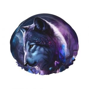 Bonnet de douche, bonnet de douche &agrave; plumes de loup pour femmes, r&eacute;utilisable, imperm&eacute;able, bonnet de douche pour cheveux, double couche, bande &eacute;lastique, bonnet de bain pour cheveux longs (JQMY-EU, neuf)