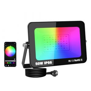 SKYWORLD 50W RGB Projecteur LED Exterieur, Intelligente RGB Spot LED Extérieur, Smart Floodlight avec APP Control, Etanche Eclairage Exterieur LED Couleur avec Prise pour Jardin, Patio, Cour (SKYWORLD-EU, neuf)