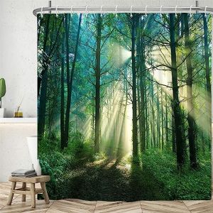 Uiiooazy Rideau Douche Anti Moisissure, Rideau de Douche 180x180cm Bleu Feuilles Vert Forêt Naturel Paysage Rideaux de Baignoire Tissu Lavable Imperméable Rideaux Salle de Bain avec 12 Crochets (dongguibinjingpinxiaodianpu, neuf)