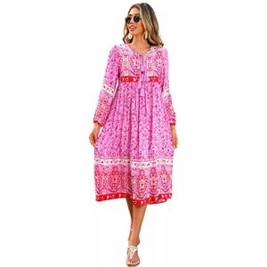 R.Vivimos Femmes Robe de Plage &agrave; Manches Longues &agrave; imprim&eacute; boh&egrave;me Chic d&eacute;contract&eacute; Robe &eacute;l&eacute;gante Longue midi Robe de Vacances(M,Fuchsia) (Jian Mei E-commerce Co., Ltd., neuf)