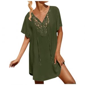 Robe de Plage Femme &Eacute;t&eacute;, Tunique de Plage &Eacute;l&eacute;gante Chemise de Plage en Coton en Lin, Couvre Maillot de Bain Robe Couvrir Bikini Cover Up Boh&egrave;me Beachwear (Z-Green, XXXXXL) (Keinsow, neuf)