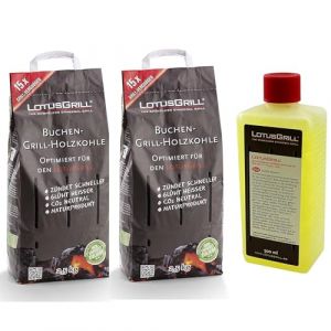 LotusGrill Lot de 2 sacs de charbon de bois de hêtre 2,5 kg + pâte combustible LotusGrill 500 ml chacun conçu pour griller sans fumée avec le LotusGrill (blackstone24, neuf)