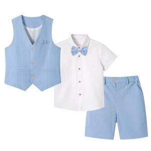 LOLANTA 4 pièces Costume Garcon Mariage Ete, Tenue Enfant Garcon Ceremonie, Vêtement Baptême Anniversaire Garçon Page, Ensemble Costume Short Lin Gile Chemise avec nœud Papillon, Bleu Ciel, 5-6 Ans (LOLANTA, neuf)