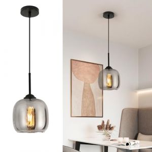 Mckalen Suspension Luminaire Moderne, Lustre en Verre Gris Fum&eacute;, Cordon de Suspension R&eacute;glableLampe, E27 Suspension pour Chambre, Salle &agrave; Manger, Cuisine, Bar (Sans ampoule) (Chuang Security Technology, neuf)