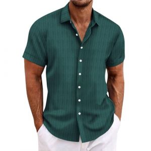 Chemise en lin pour homme - Manches courtes - Chemise en lin - Chemise de loisirs - Coupe droite - Chemise d'été avec col montant - Décontractée - Coupe droite - Chemise rayée, vert, XL (runBel, neuf)