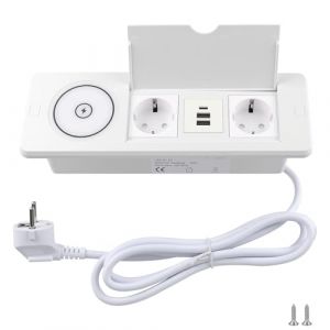 BlueXP 2 Prises Encastrable Blanc avec Chargeur sans Fil Multiprise de Table Escamotable avec 1 USB C et 2 Ports USB A Surface de Charge Qi Couvercle Rabattable & C&acirc;ble 1,8 m (BlueXP, neuf)