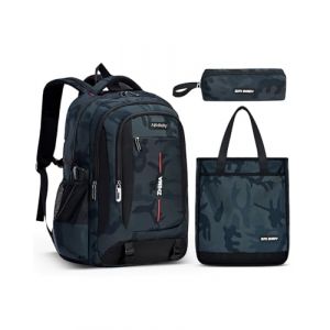 Amythe Sac à Dos pour Garçons, Ensemble Sac D'école Imperméable Camouflage pour Enfants, Cartable Garçon pour École Primaire et Collège avec Sac à Bandoulière et Trousse à Crayons, Vert (Amythe, neuf)