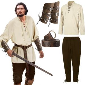 Costume de la Renaissance pour homme, 5 pièces, chemise à manches longues, pantalon à bande de cheville, bracelet en cuir synthétique, accessoires de ceinture viking pour Halloween, pirate, hippie (Chaohui Trading Co., Ltd, neuf)