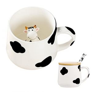 BigNoseDeer Tasse à café en céramique en forme de vache mignonne avec couvercle cuillère - Cadeau de Noël ou d'anniversaire pour petite amie, petit ami, femme, fille (vache) (MengCat, neuf)