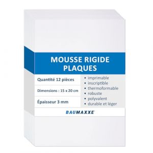 Baumaxxe az224 Lot de 12 plaques de mousse rigide en PVC blanc - 15 x 20 cm - 3 mm - Avec film de protection unilat&eacute;ral - D&eacute;coupe en plastique - Pour l'int&eacute;rieur et l'ext&eacute;rieur (easydruck24, neuf)