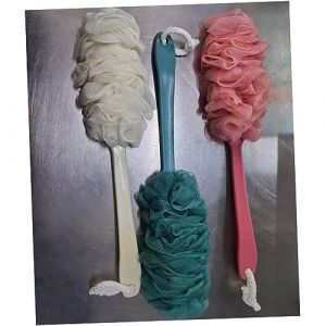 Mikikit 3pièce Boule De Douche Exfoliante Forme De Fleur Avec Long Manche Lot De Beige Rose Bleu Avec Panier De Bain Maille Pour Douche (Famidago, neuf)