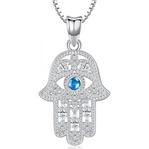 Collier Main de Fatma Argent Sterling 925, Pendentif Main de Fatma avec Zircon Bleu, Hamsa Collier Main de Fatma avec Oeil, Bijoux Main de Fatma pour Femme (Aniu, neuf)