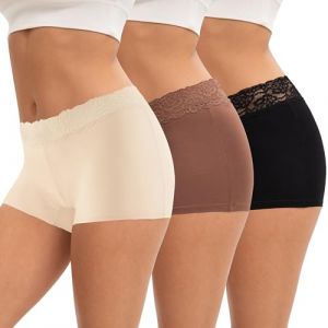 INNERSY Boxer Femme Coton Stretch Shorty Dentelle Sexy Chic Caleçon Short Taille Mi-Haute Lot de 3 (XS, Noir/Rose Pâle/Brun) (Innersy La vie, neuf)