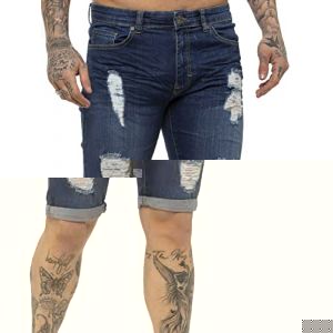 989Zé ENZO Short en Jean Stretch Slim fit pour Homme, Jean troué, Pantalon à Trous cassés avec Fermeture éclair EZS383 Bleu 48 (RAW DENIM, neuf)
