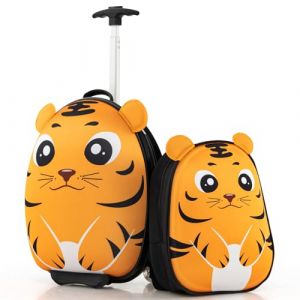 DREAMADE Valise Enfant Roulette 30x21x40CM et Sac &agrave; Dos,Bagage &agrave; Main avec Poign&eacute;e T&eacute;lescopique,Cabine de Voyage L&eacute;g&egrave;re pour Gar&ccedil;on et Fille,Lot de Bagages Etanche Motifs d&rsquo;Animal (Orange-Tigre) (DREAMADE, neuf)