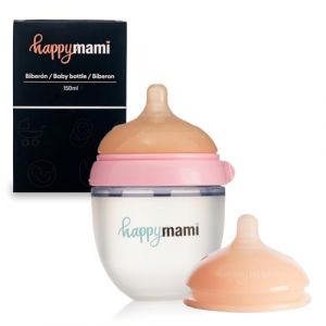Happymami, Set biberon anti-colique personnalisé en silicone + tétine, design anatomique, avec tétine extra, sans BPA (Rose 150ml) (Happymami, neuf)