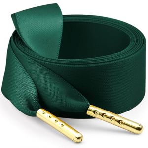 WEGOODZF Lot de 2 paires de lacets plats en satin pour chaussures de sport, bottes, chaussures de sport - 2 cm de large - Pour femmes et filles, 10 pointes en métal vert émeraude + doré, 39.4''(100cm) (WEGOODZF, neuf)