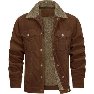 ZDJSWJ Hommes velours c&ocirc;tel&eacute; camionneur veste coton doublure laine bouton veste travail Sherpa laine col chaud manteau militaire (AMarron,Grand) (ZDJSWJ STORE, neuf)