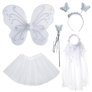 BDSHUNBF 5 Pièces Deguisement Fille, Accessoire Princesse fille, Ailes de Fee Enfant, Deguisement Enfant Fille, Déguisement Princesse, Déguisement de fée Papillon, pour Enfant Fille Carnaval (Blanc) (BDSHUNBF, neuf)