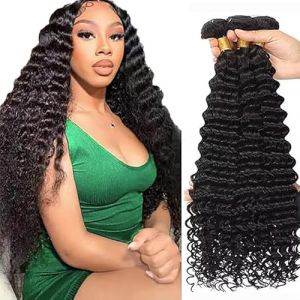 Tuheerst Deep Wave Human Hair Bundles Tissage Bresilien en lot Cheveux Humain Natural Black Human Hair Extensions 3 Bundles Tissage Cheveux Naturels Double Weft Remy Hair 14 14 14 Pouce (QC Hair, neuf)
