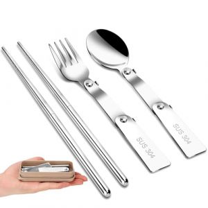 3 Pièces Couvert Camping Pliable Kit, Acier inoxydable 304 Couverts Camping, Couvert Pique Nique avec Cuillère Fourchette et Baguettes, Couverts Pique Nique avec Boite a Couvert, pour Picnic (guizhoupancushangmaoyouxiangongsi, neuf)