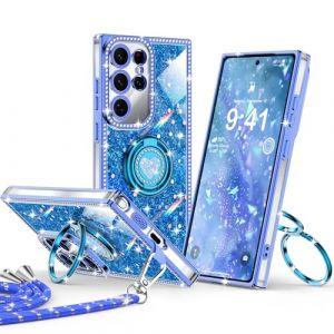 XYZ Coque pour Samsung Galaxy S24 Ultra, Housse de T&eacute;l&eacute;phone Brillante Bling &agrave; Strass avec Support C&oelig;ur &agrave; 2 Anneaux & Lani&egrave;re, Coque Antichoc Luxueuse pour Femmes pour Samsung Galaxy S24 Ultra,Bleu (XYZ Direct, neuf)